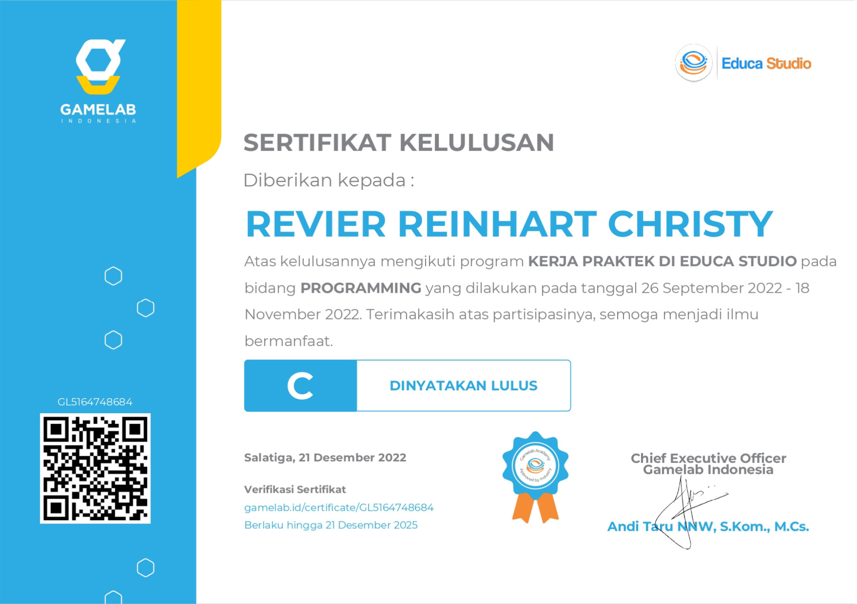 Game Programming Internship | Gamelab Indonesia Certificate