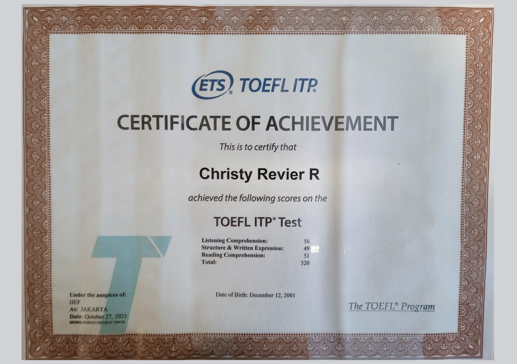 TOEFL Certificate